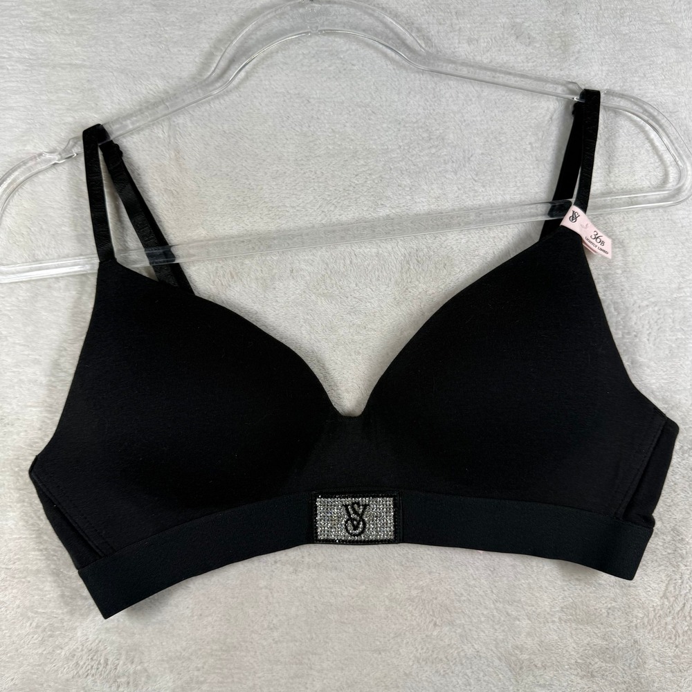 Victoria's Secret T-Shirt Wireless Bra Black Rhinestone Logo 36B 11229240 QB4